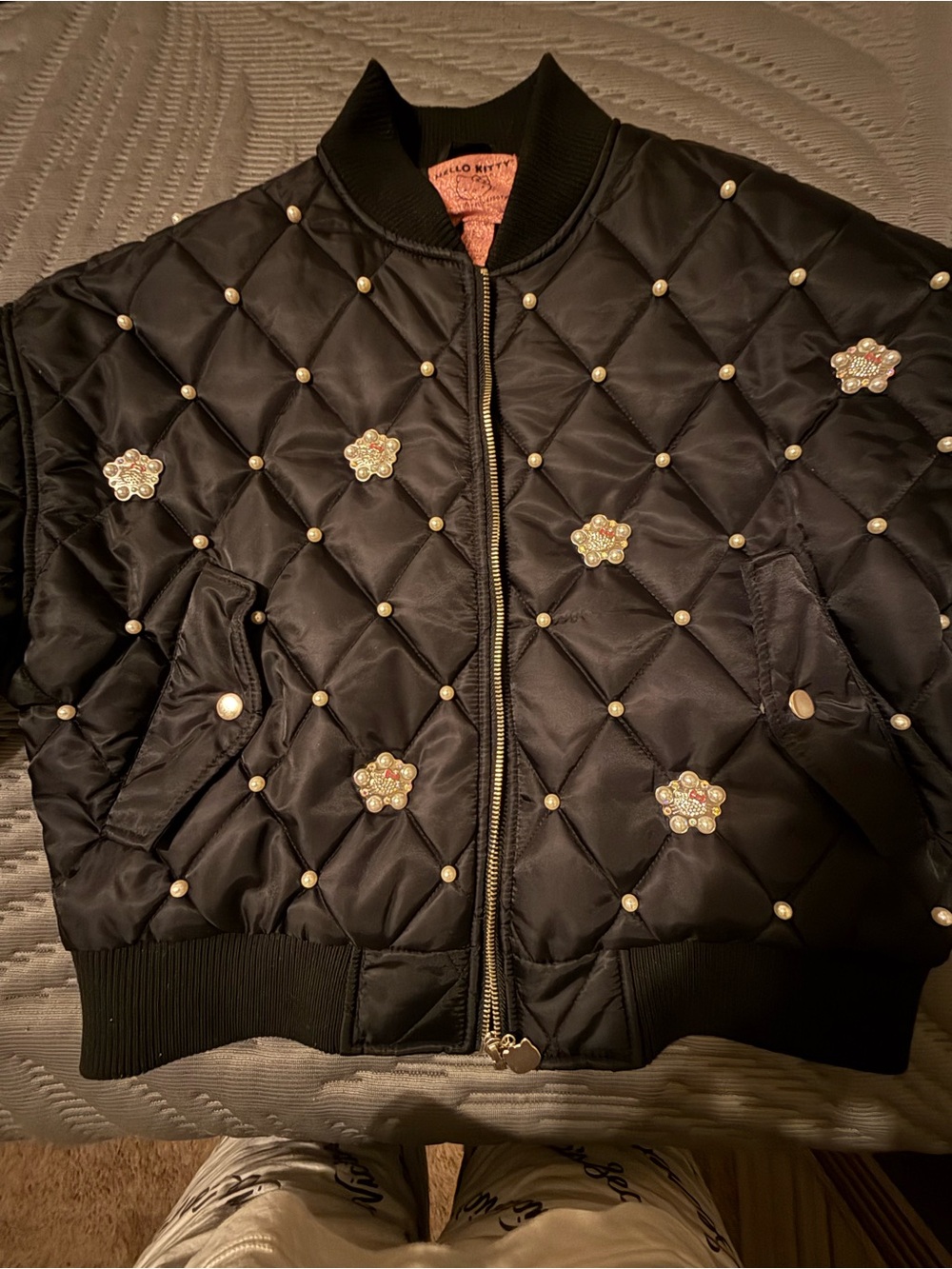 Forever 21 Hello Kitty Quilted Black Bomber Jacket with Pearl Flower Accents